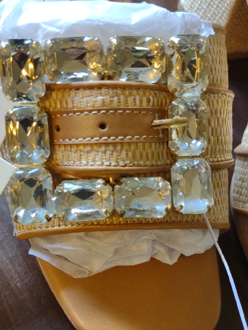 a new day Tan Woven Slide Heels with Gold Gem Buckles - Picture 3 of 4